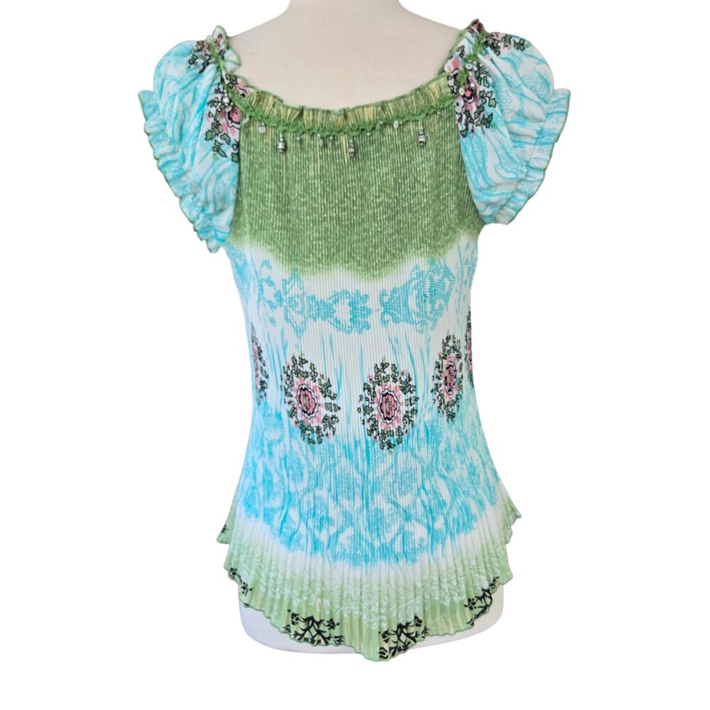 Vintage Micro pleated Puff Sleeve Embellished Fairy Top Size Large - Picture 3 of 4
